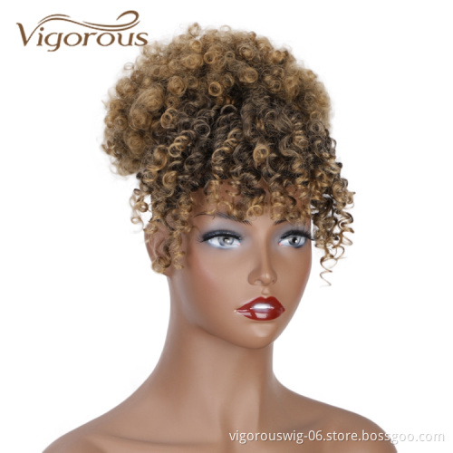 Vigorous New Design Best Selling Short Fluffy Elastic Hairpiece With Bangs Kinky Curly For Black Women Synthetic Afro Hair Bun